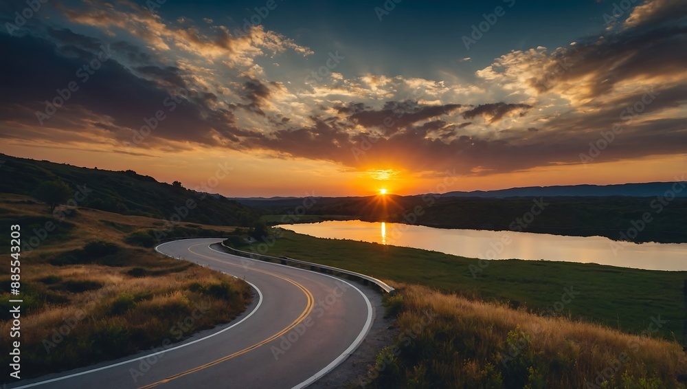 Scenic sunset over a lake and winding road Scenic sunset over a lake and winding road
