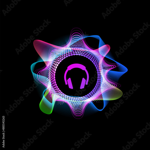 Colorful vibrant gradient circular curve sound waves with headphones, radial audio signal, music sound equalizer vector