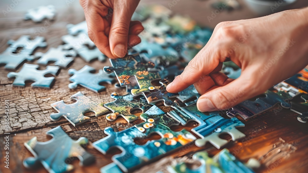 Assembling a Puzzle: Hands placing a piece into a jigsaw puzzle, with scattered puzzle pieces and a partially completed picture.
Assembling a Puzzle: Hands placing a piece into a jigsaw puzzle, with scattered puzzle pieces and a partially completed picture.