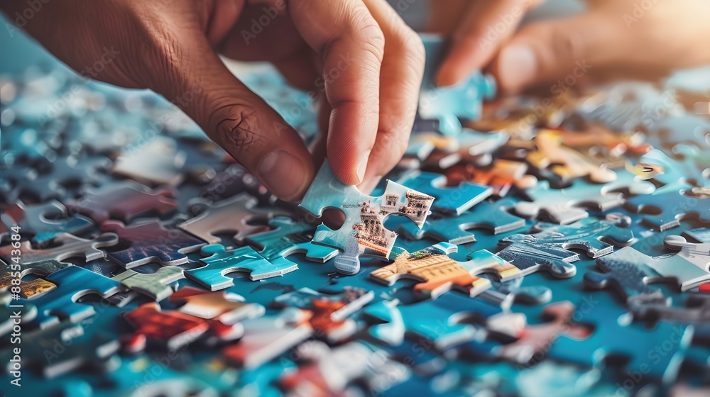 Assembling a Puzzle: Hands placing a piece into a jigsaw puzzle, with scattered puzzle pieces and a partially completed picture.
Assembling a Puzzle: Hands placing a piece into a jigsaw puzzle, with scattered puzzle pieces and a partially completed picture.