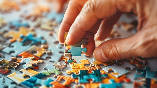 Assembling a Puzzle: Hands placing a piece into a jigsaw puzzle, with scattered puzzle pieces and a partially completed picture. 