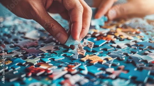 Assembling a Puzzle: Hands placing a piece into a jigsaw puzzle, with scattered puzzle pieces and a partially completed picture.
