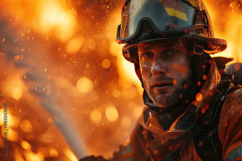 Firefighter battling flames with a hose Firefighter battling flames with a hose