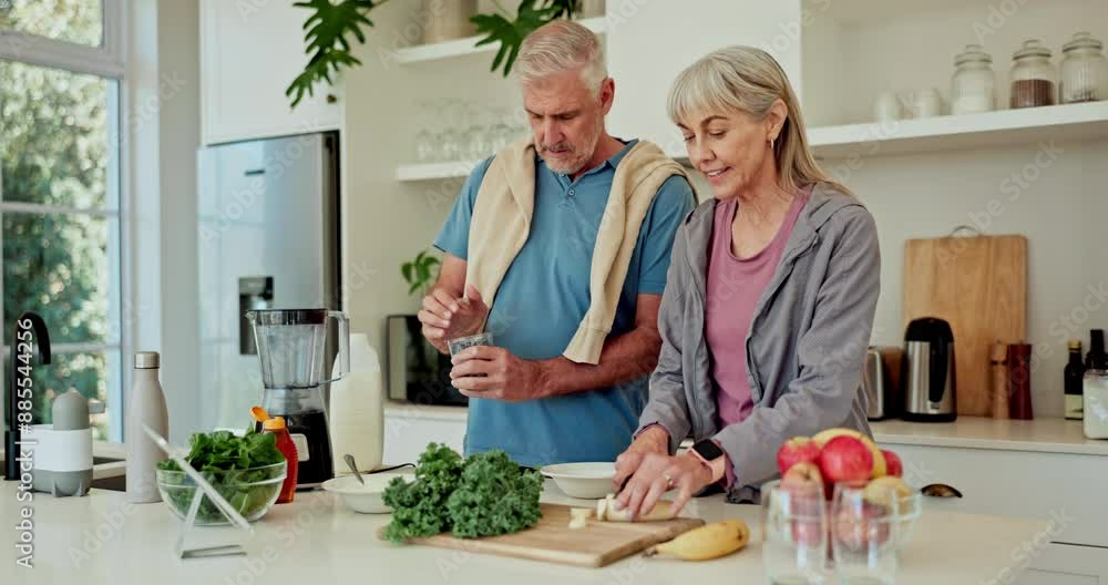 Blender, fruits and mature couple with healthy food for diet, detox and breakfast drink in kitchen at home. Vegan, wellness and nutrition with man and woman helping to prepare ingredients or smoothie Blender, fruits and mature couple with healthy food for diet, detox and breakfast drink in kitchen at home. Vegan, wellness and nutrition with man and woman helping to prepare ingredients or smoothie