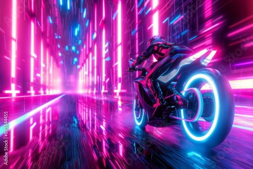 Futuristic Motorcycle Speeding Through a Neon-Lit Cybercityscape photo