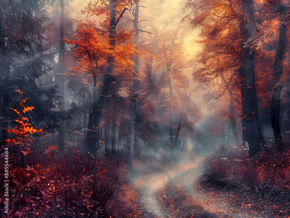 Fototapeta premium misty autumn forest with towering trees in vibrant oranges and reds a winding path disappearing into the distance and a moody sky with breaks of golden sunlight