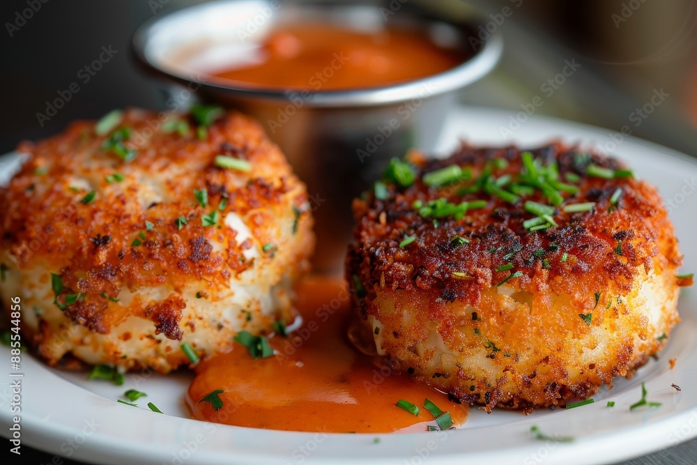 Crab cakes with dipping sauce elegantly Crab cakes with dipping sauce elegantly