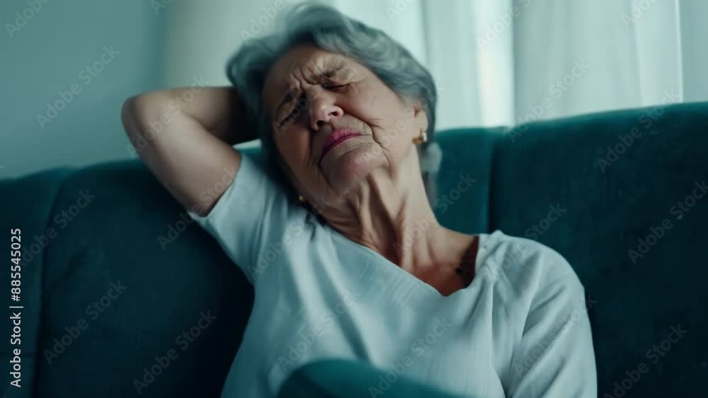 An elderly woman with terrible headache pain while sitting on the couch, as well as age-related health issues An elderly woman with terrible headache pain while sitting on the couch, as well as age-related health issues