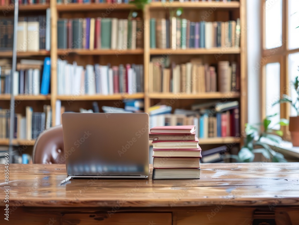 modern library desk bathed in soft light open laptop alongside stack of books symbolizes blend of traditional and digital learning clean minimalist styling modern library desk bathed in soft light open laptop alongside stack of books symbolizes blend of traditional and digital learning clean minimalist styling