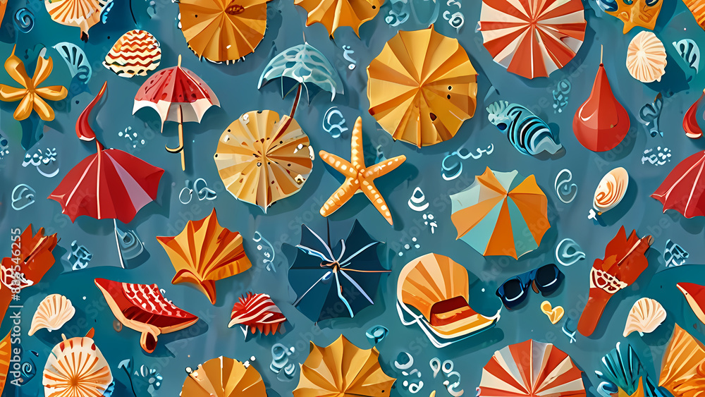 Summer pattern illustration that captures the essence of a sunny beach day. Include elements like seashells, starfish, beach umbrellas, flip-flops, and waves Summer pattern illustration that captures the essence of a sunny beach day. Include elements like seashells, starfish, beach umbrellas, flip-flops, and waves