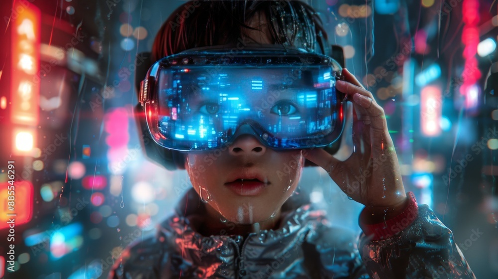 School student with VR headset using AI artificial intelligence technology & machine learning.Interactive technology in classroom. Innovation & smart tech. AI blue hologram in education School student with VR headset using AI artificial intelligence technology & machine learning.Interactive technology in classroom. Innovation & smart tech. AI blue hologram in education