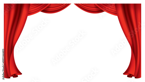 Red curtains realistic. Theater fabric silk decoration for movie cinema or opera hall. Curtains and draperies interior decoration object. Isolated on transparent for theater stage