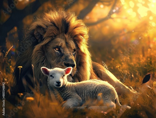 powerful allegory scene majestic lion and gentle lamb coexisting peacefully in lush meadow symbolic lighting emphasizing harmony photo