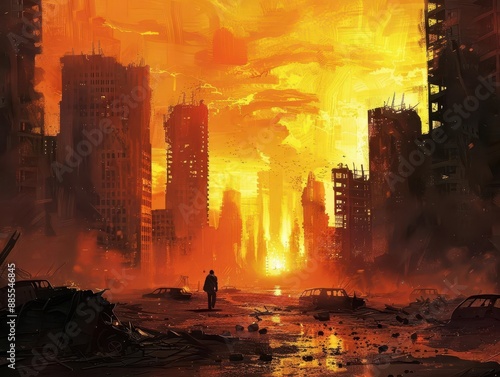 postapocalyptic urban landscape crumbling skyscrapers silhouetted against fiery sky abandoned vehicles lining debrisstrewn streets lone figure in distance photo