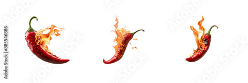 A set of Hot Spicy chili pepper fire burning isolated on a transparent background