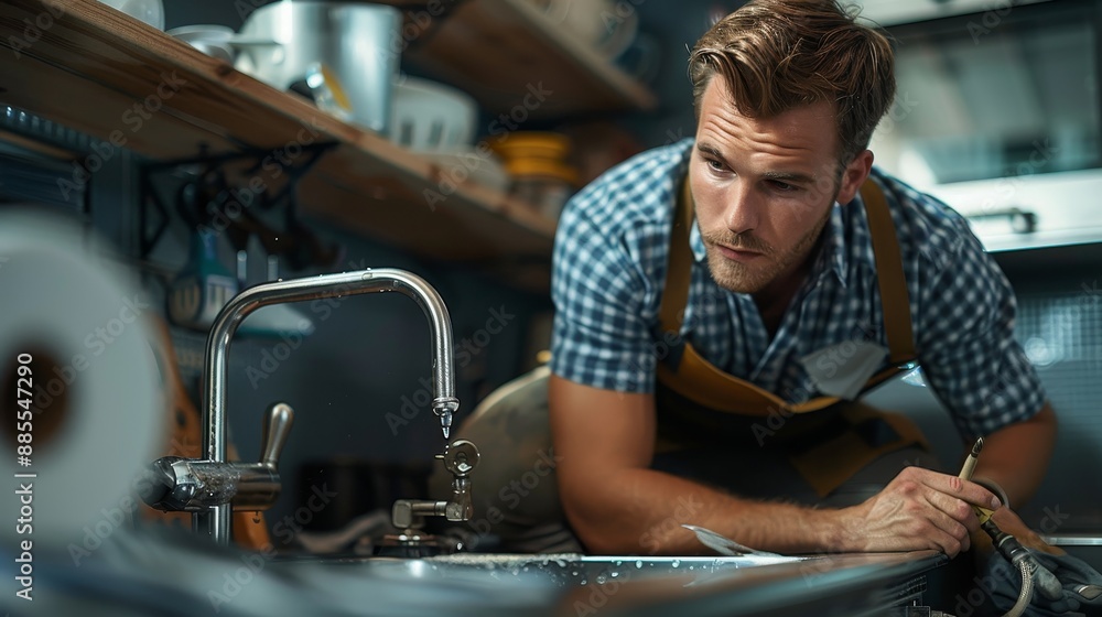 A 3D render of a plumber fixing a leaking pipe under a kitchen sink A 3D render of a plumber fixing a leaking pipe under a kitchen sink