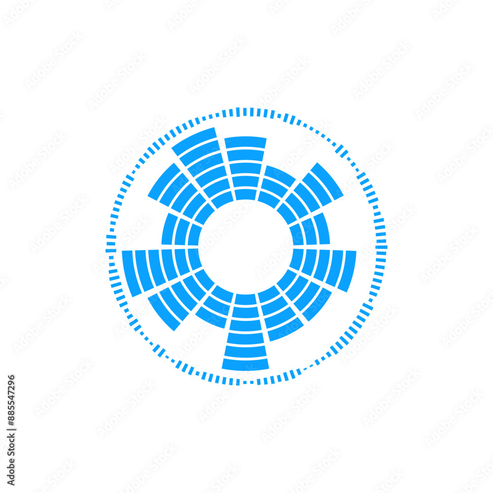 Blue round vector illustration of sound waves with radial particle effects on isolated background. Blue round vector illustration of sound waves with radial particle effects on isolated background.