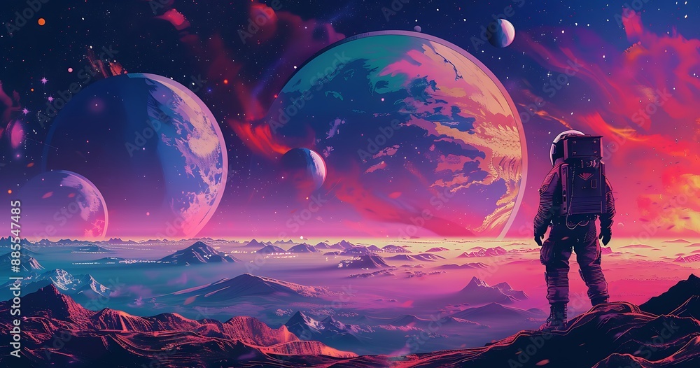 Astronaut on a distant planet gazes at a beautiful alien landscape with multiple moons and a starry sky Astronaut on a distant planet gazes at a beautiful alien landscape with multiple moons and a starry sky