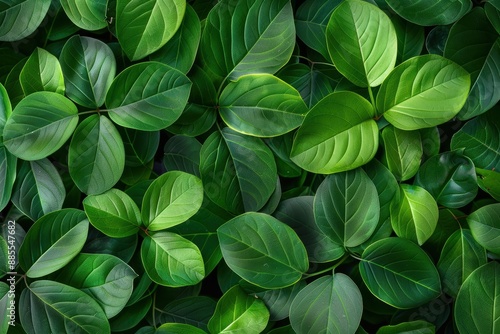 Lush green foliage background with full frame of leaves, leafy texture of tropical plant, nature's verdant leaf pattern