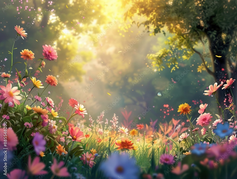 Springtime meadow, colorful blooms, lush grass, warm light, soft breeze, vibrant and serene illustration Springtime meadow, colorful blooms, lush grass, warm light, soft breeze, vibrant and serene illustration