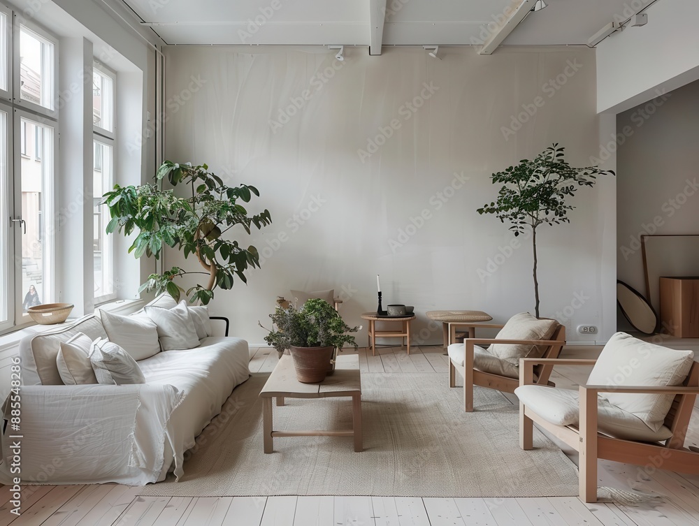 serene scandinavian living room bathed in natural light minimalist furniture in muted tones complemented by lush plants clean lines and organic textures create harmonious inviting space serene scandinavian living room bathed in natural light minimalist furniture in muted tones complemented by lush plants clean lines and organic textures create harmonious inviting space