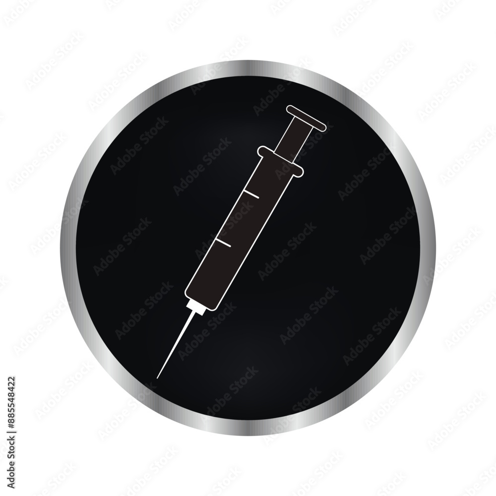 medical syringe on black button vector icon medical syringe on black button vector icon