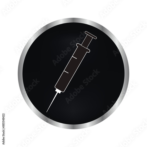 medical syringe on black button vector icon