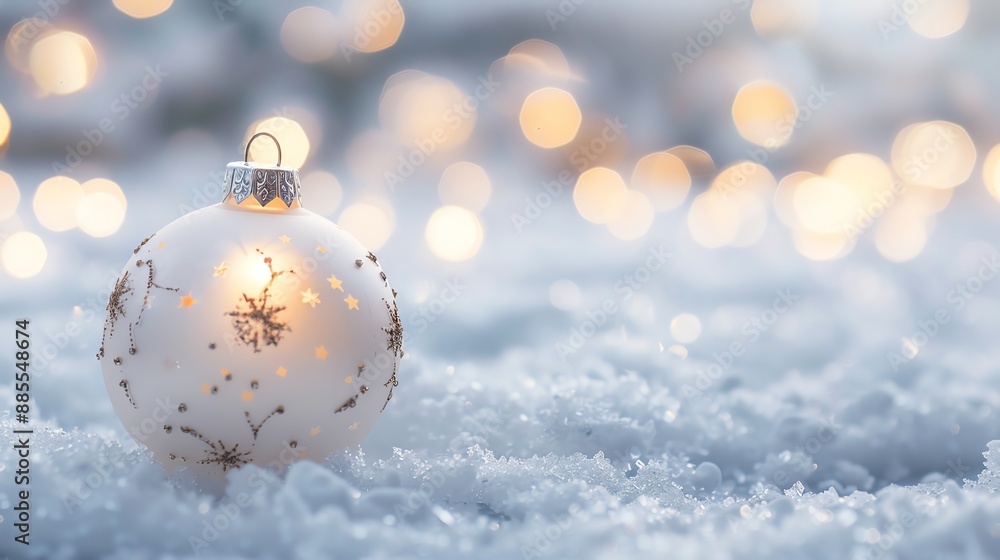 Elegant white Christmas ornament resting on snow, shimmering with festive holiday lights in the background. Perfect for seasonal celebrations. Elegant white Christmas ornament resting on snow, shimmering with festive holiday lights in the background. Perfect for seasonal celebrations.