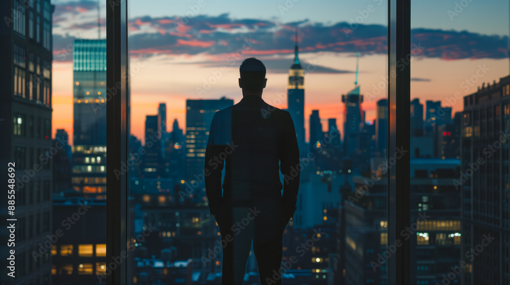 A silhouette of a man standing with his back to the camera in a bustling metropolis at sunset, with the sun casting a warm glow over the cityscape behind him. A silhouette of a man standing with his back to the camera in a bustling metropolis at sunset, with the sun casting a warm glow over the cityscape behind him.