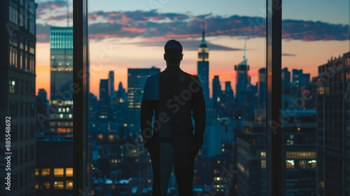 A silhouette of a man standing with his back to the camera in a bustling metropolis at sunset, with the sun casting a warm glow over the cityscape behind him.