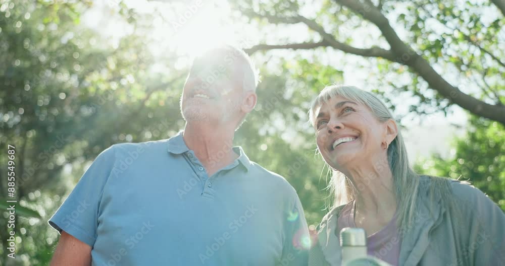 Senior couple, walk and point in park with yoga mat, search and low angle with smile for direction in summer. Retirement, man and woman with check path to class, water bottle and summer in Australia Senior couple, walk and point in park with yoga mat, search and low angle with smile for direction in summer. Retirement, man and woman with check path to class, water bottle and summer in Australia