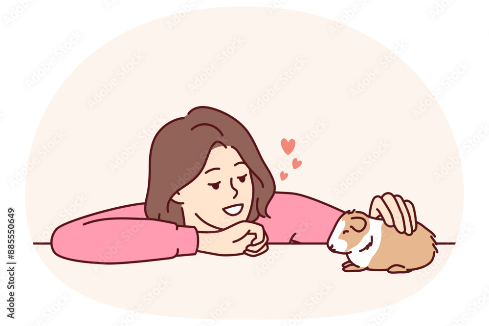 Obraz premium Caring woman pets guinea pig or hamster enjoying companionship of cute pet given to by parents or boyfriend. Young kind girl takes care of guinea pig doing grooming and admiring friendly pet