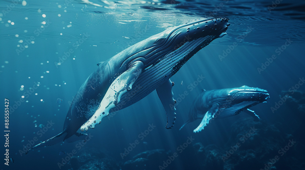 Fototapeta premium Captured from various angles, the haunting calls of humpback whales echo through the ocean's depths, a mesmerizing symphony of the sea.