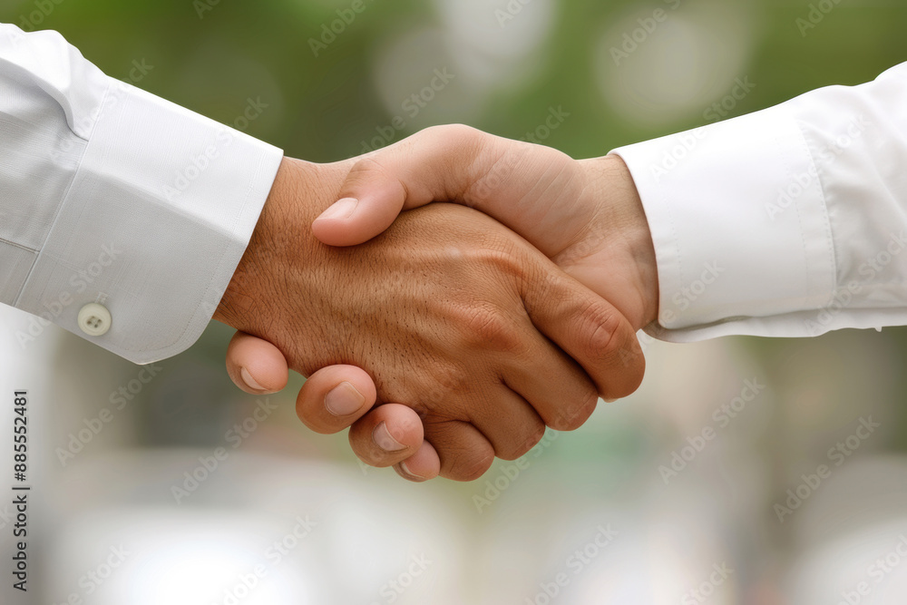 Close up of a handshake between two people in a business setting Close up of a handshake between two people in a business setting