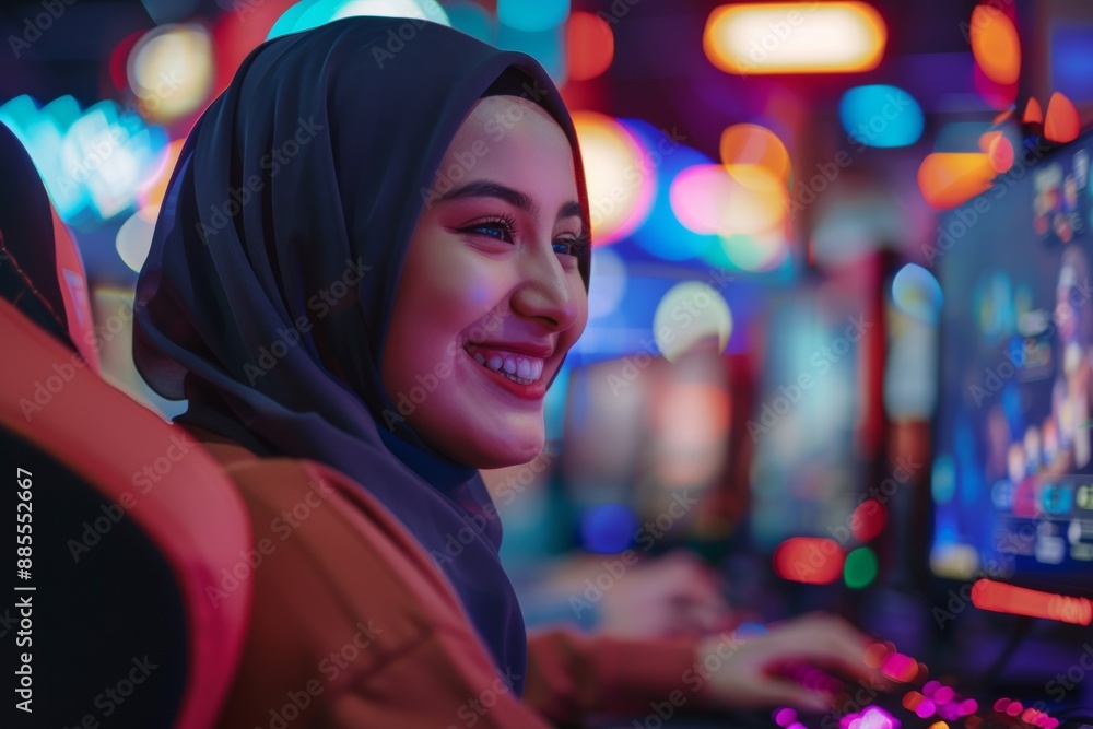 Side view portrait of Muslim young woman gaming cybersports club, joyful smile. Side view portrait of Muslim young woman gaming cybersports club, joyful smile.