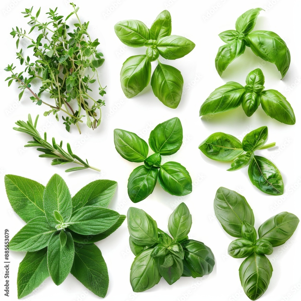 Fresh herbs set isolated, parsley, basil leaves, thyme, mint seasoning, raw green condiment sprig collection Fresh herbs set isolated, parsley, basil leaves, thyme, mint seasoning, raw green condiment sprig collection