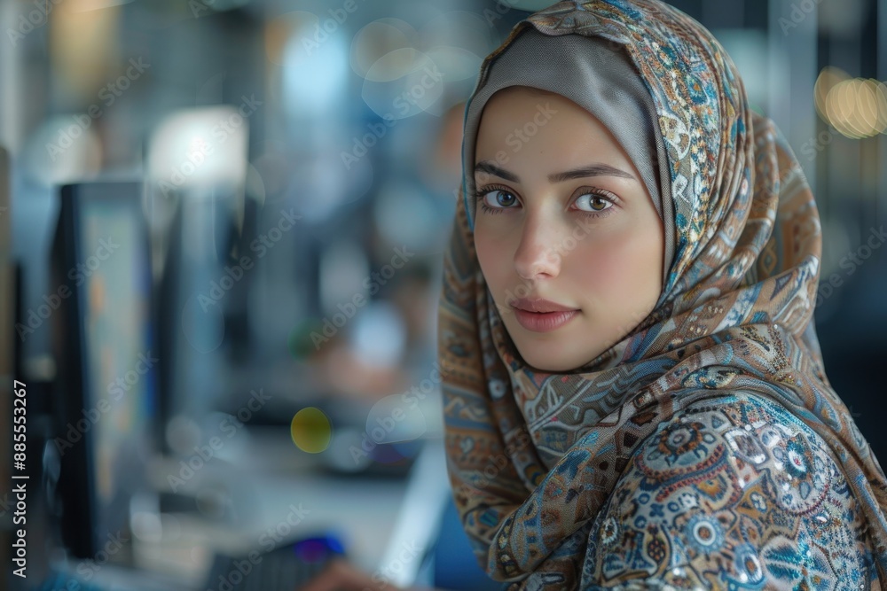 A beautiful woman wearing a patterned headscarf is seen working diligently at a computer in a modern office setting, reflecting focus and professionalism. A beautiful woman wearing a patterned headscarf is seen working diligently at a computer in a modern office setting, reflecting focus and professionalism.