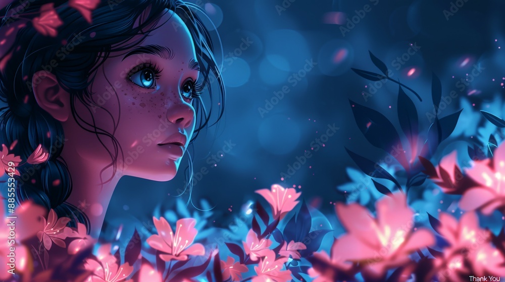 A Dreamy Gaze Amidst Blooming Night Flowers. Generative AI A Dreamy Gaze Amidst Blooming Night Flowers. Generative AI