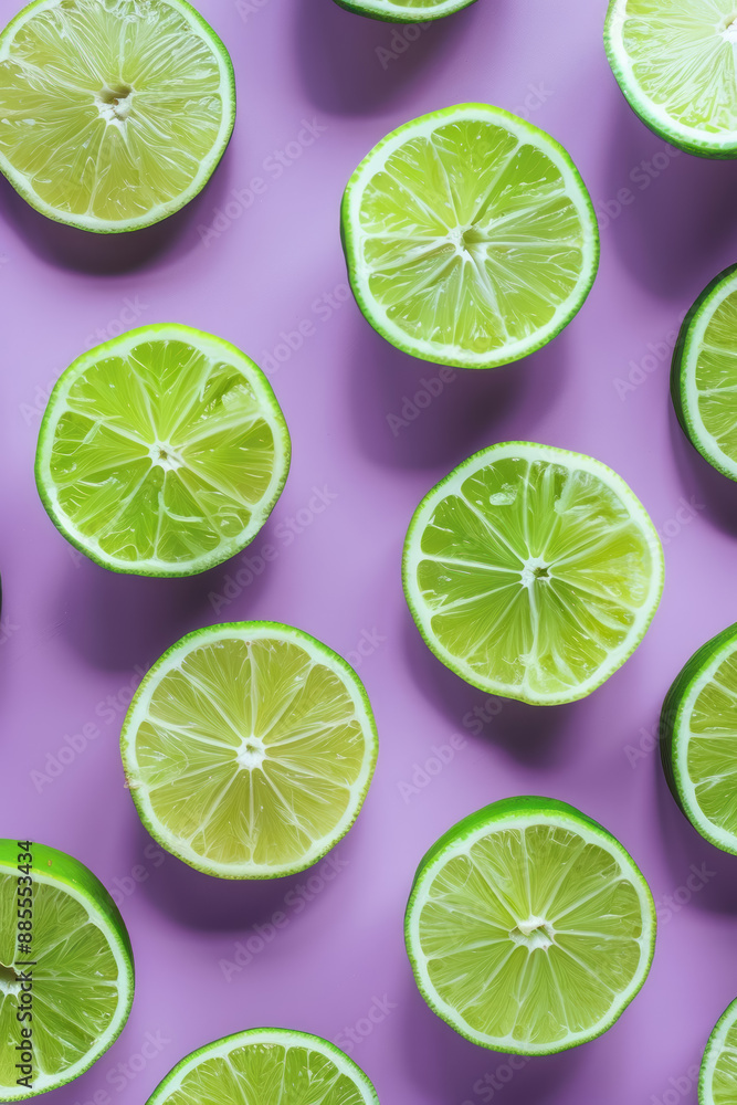 vibrant pattern of sliced limes on a pastel purple background, highlighting freshness and natural appeal vibrant pattern of sliced limes on a pastel purple background, highlighting freshness and natural appeal