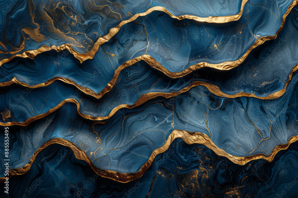 Gold lines forming abstract shapes on a dark blue marble background with silver accents, Gold lines forming abstract shapes on a dark blue marble background with silver accents,