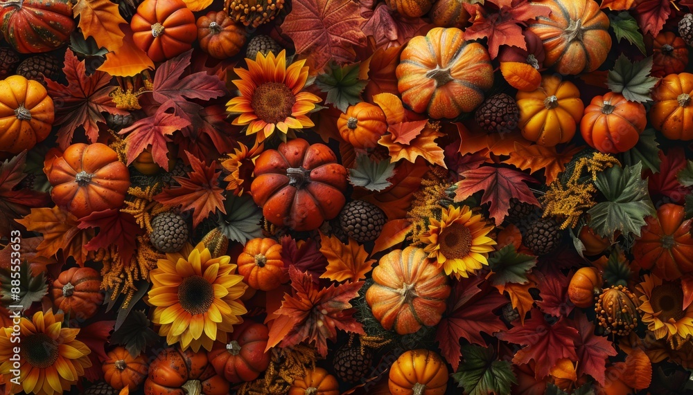 Vibrant autumn-themed banner: cozy hues of fall, pumpkins, fall leaves, sunflowers, celebrating Vibrant autumn-themed banner: cozy hues of fall, pumpkins, fall leaves, sunflowers, celebrating