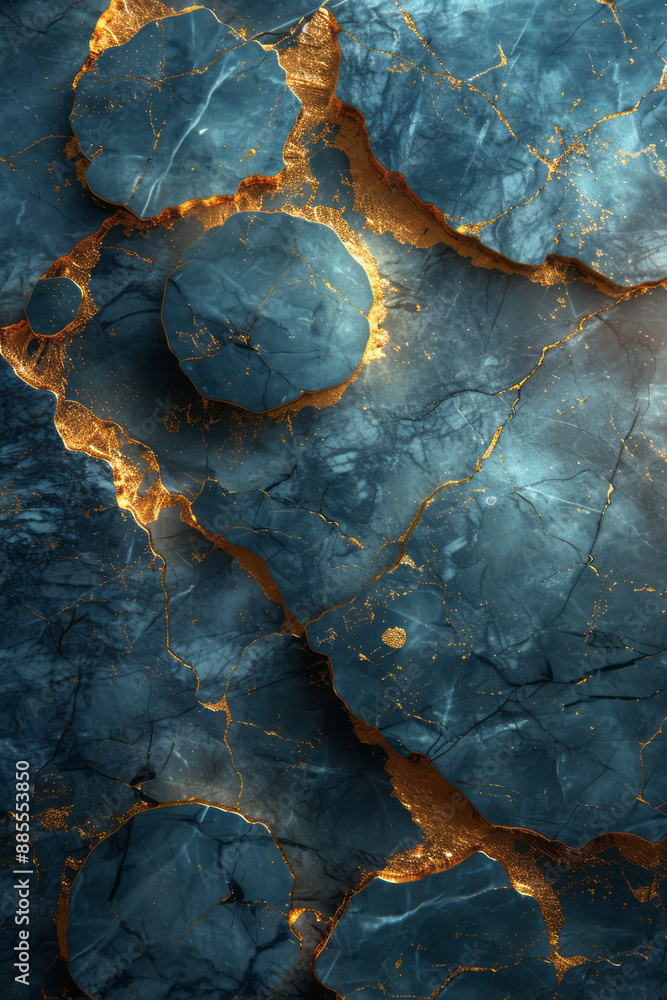 Fototapeta premium Silver lines intersecting with golden circles on a dark blue marble background,