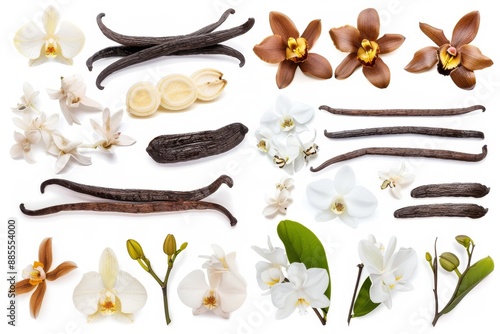 Vanilla pods and flowers set, orchid bean sticks, dry vanillin pods, natural aroma dessert ingredient photo