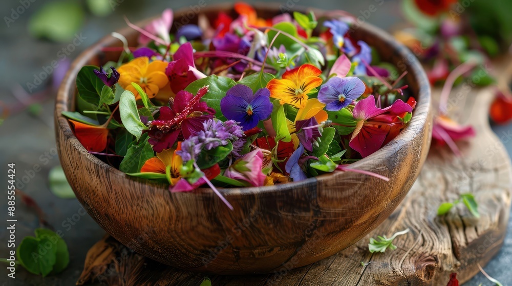 rustic wooden bowl filled with vibrant edible flowers and microgreens rich colors delicate textures organic farmtotable aesthetic soft natural lighting enhancing details rustic wooden bowl filled with vibrant edible flowers and microgreens rich colors delicate textures organic farmtotable aesthetic soft natural lighting enhancing details