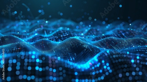 Abstract digital waves in a blue cybernetic landscape