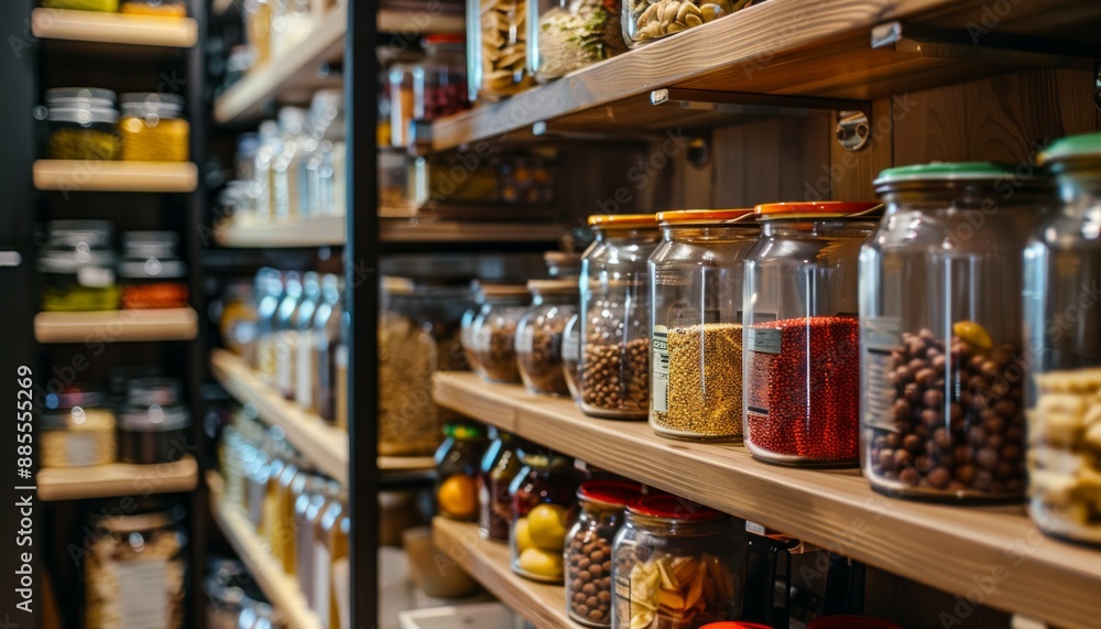 Well-organized kitchen pantry storage room, with food containers and glass jars neatly displayed Well-organized kitchen pantry storage room, with food containers and glass jars neatly displayed