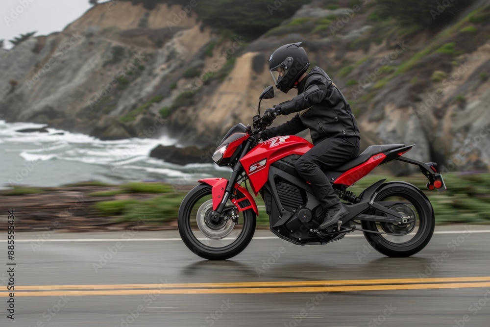Dynamic Motorcycle Ride Along Coastal Road with Ocean Background Dynamic Motorcycle Ride Along Coastal Road with Ocean Background