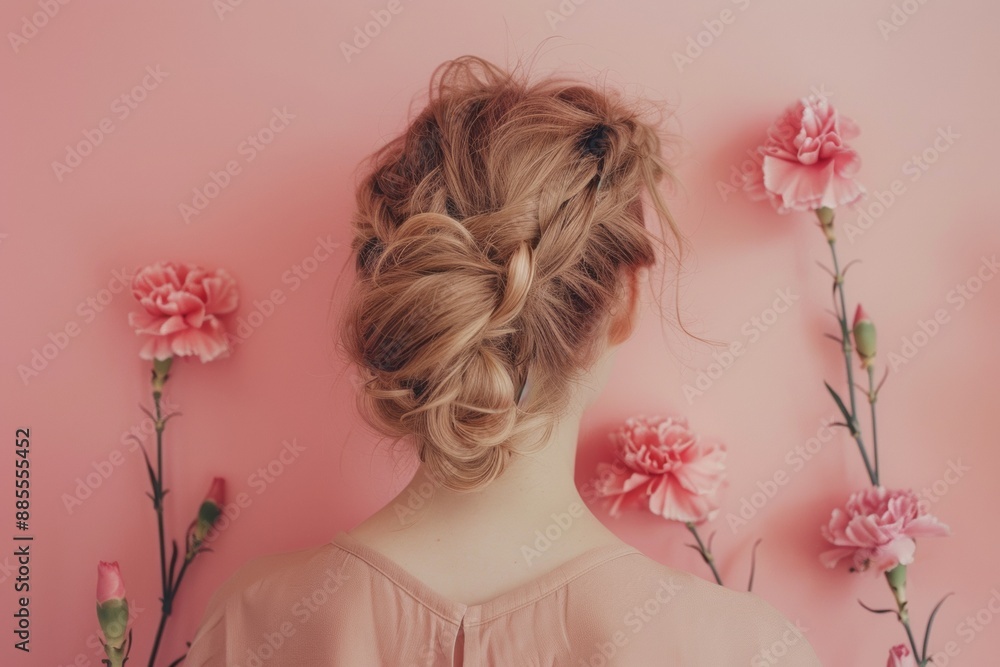 Naklejka premium Woman hiding carnation flower, framed gentle pink backdrop, evoking anticipation and affection