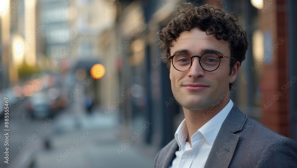 Attractive young businessman in glasses, with curly hair and wearing business attire, standing on the streets of America. Professional financial corporate portrait with a cityscape background Attractive young businessman in glasses, with curly hair and wearing business attire, standing on the streets of America. Professional financial corporate portrait with a cityscape background