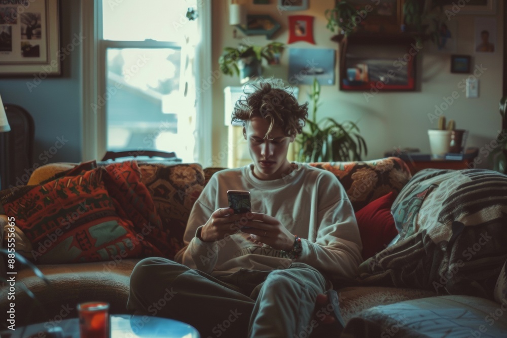 Obraz premium Young man deeply focused on smartphone activities at home, capturing slice digital life